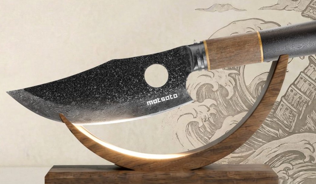 Compact Japanese steel chef knife displayed on a wooden stand